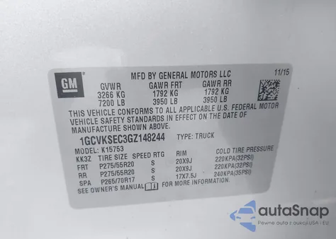 2016 Chevrolet Silverado 1500 1Lz из США, поврежденный, VIN 1GCVKSEC3GZ148244